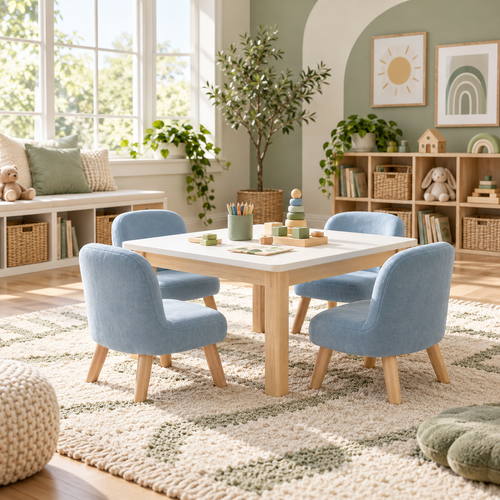 Illustrative concept of a children's table with blue chairs in a playroom; scene props not included