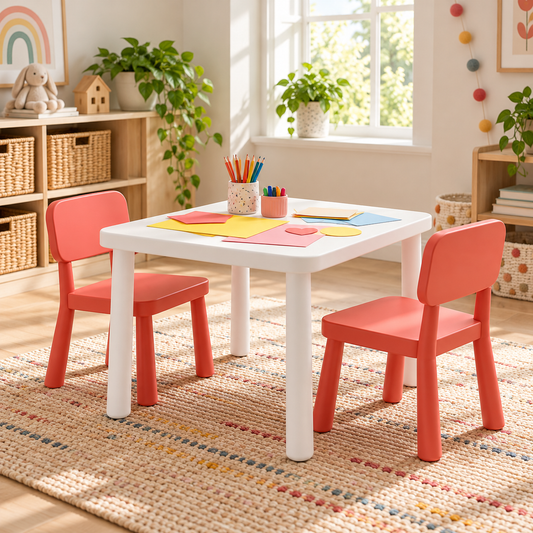 Illustrative white activity table with coral chairs; props not included