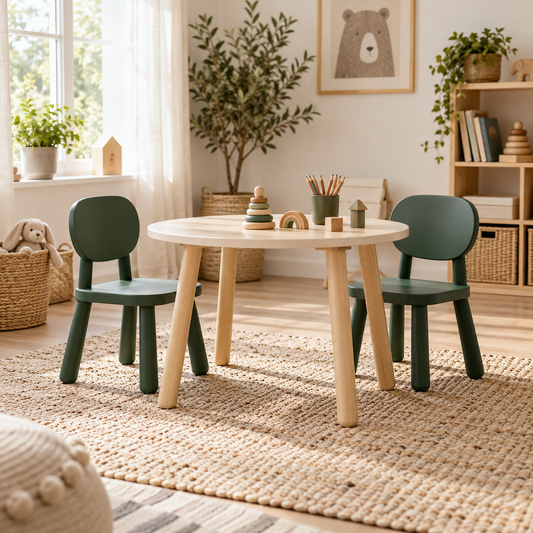 Illustrative concept of a children's round table with forest green chairs; decor not included