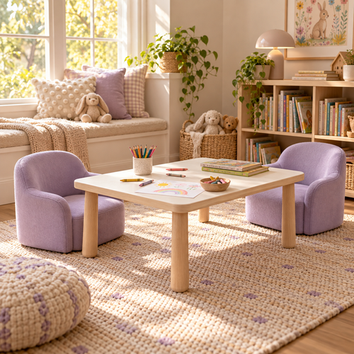 Illustrative concept of children's table with lavender chairs; room props not included
