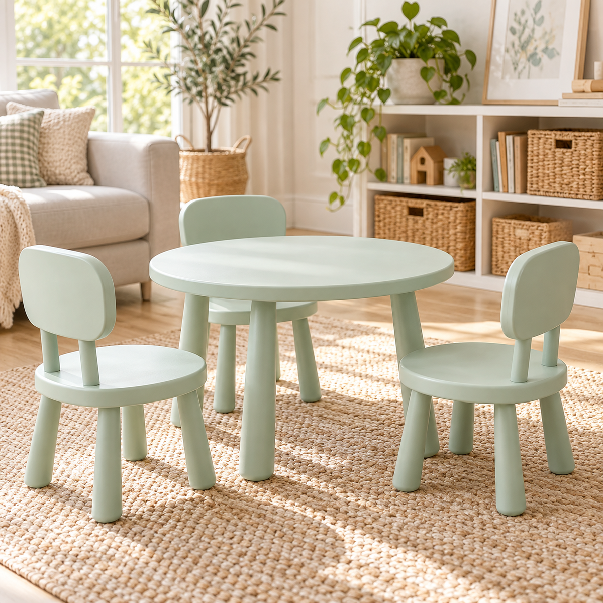 Illustrative concept of a children's round table with mint chairs; decor not included