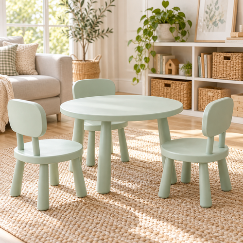 Illustrative concept of a children's round table with mint chairs; decor not included