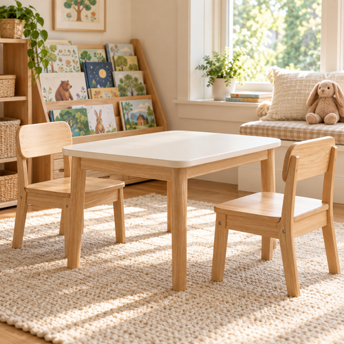 Illustrative concept of a natural toned children's table and two chairs in a reading corner; scene props not included