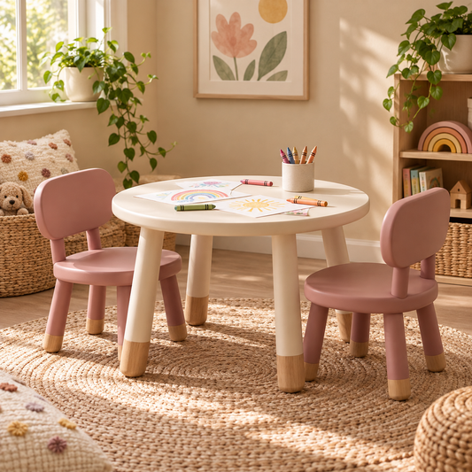 Illustrative concept of a dusty rose children's craft table with two chairs; scene props not included