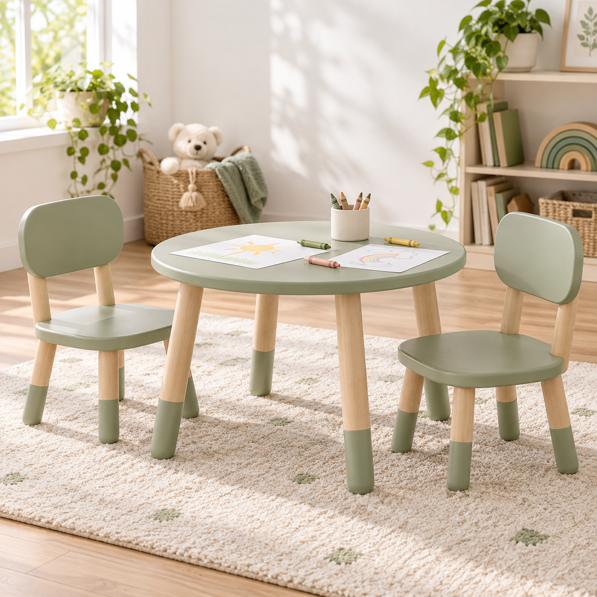 Illustrative concept image of a sage and cream children's activity table and two chairs in a bright playroom; accessories shown are styling props