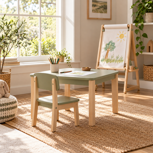 Illustrative children's activity table and chair with easel scene; props not included