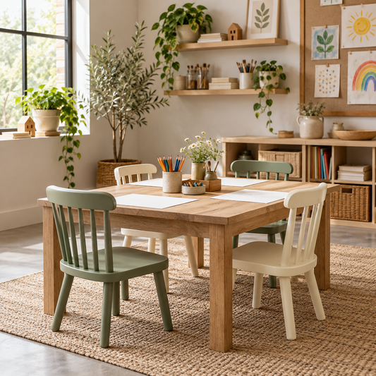 Illustrative concept of children's activity table with four chairs; stationery and decor not included