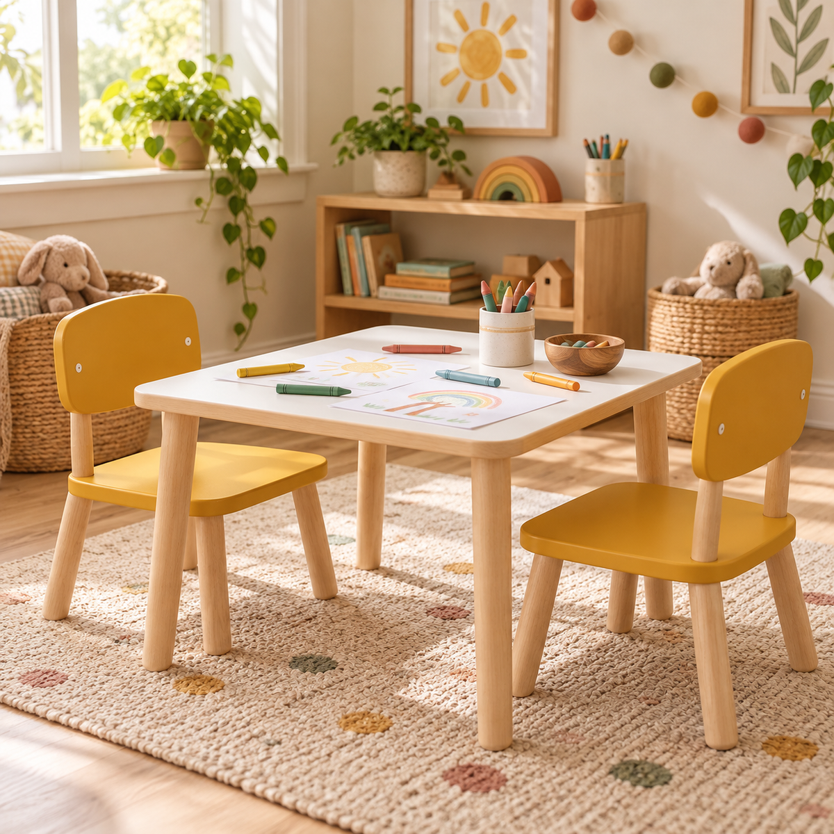 Illustrative concept of children's table with yellow chairs; decor and supplies not included