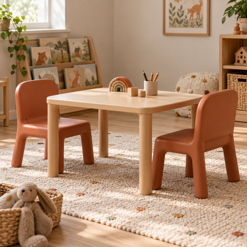 Illustrative concept of children's table with terracotta chairs; decor and supplies not included
